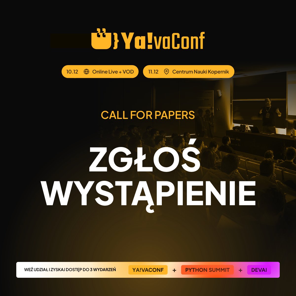 Podziel się swoją wiedzą i doświadczeniem na konferencji Ya!vaConf!
--
Zgłoś swoje wystąpienie!
📝 yavaconf.com/cfp/