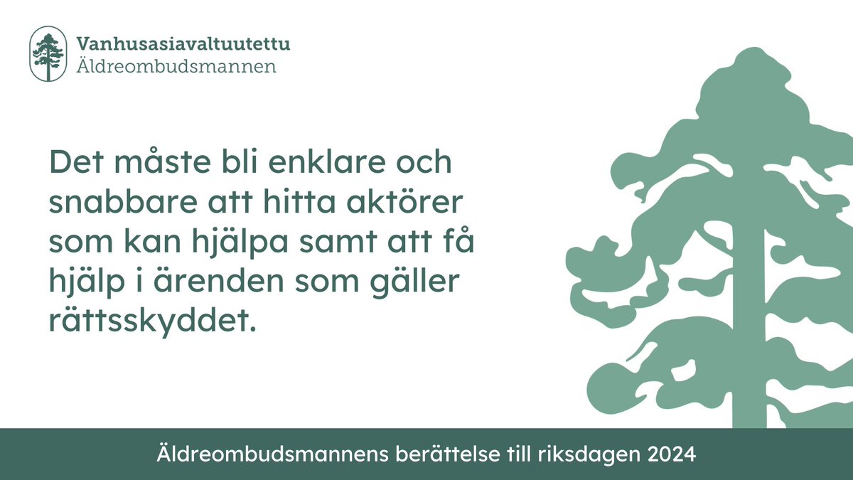 Äldre personer och deras närstående kontaktar ofta äldreombudsmannen när de behöver hjälp, men hittar inte den rutt där man kunde få hjälp. Personer som tar kontakt med äldreombudsmannen vet ofta inte vilken som är den rätta aktören att få hjälp av. 1/4