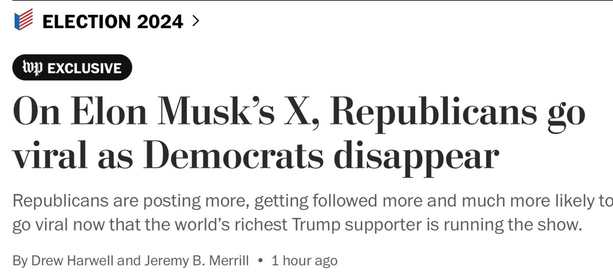 xplisset's tweet photo. From WashingtonPost. On Elon Musk’s X, Republicans go viral while Democrats fade out. The platform’s tilt is clear as pro-GOP voices get boosted and others vanish under Musk’s rule. If you’re tired of this biased boost, give this a retweet, like, or repost to remind Musk we won’t be silenced. #ResistTheTilt #PowerToThePeople 🖕