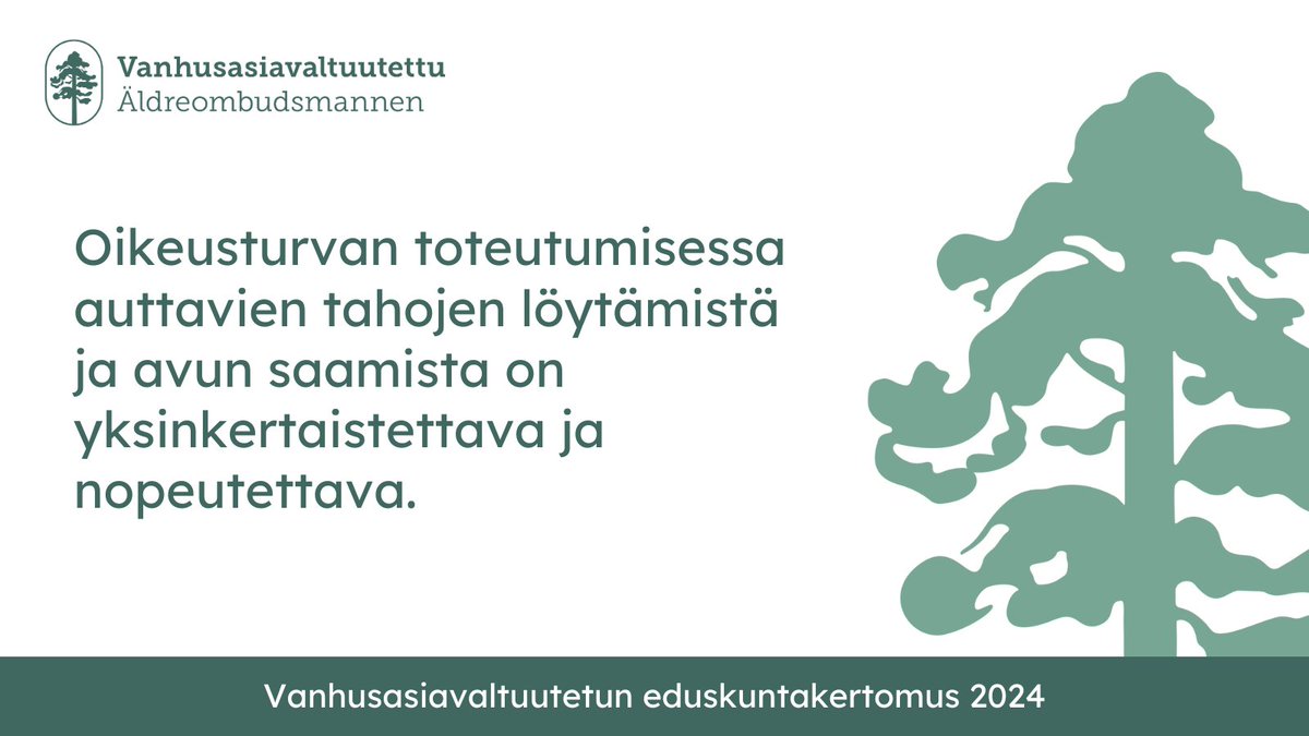 Iäkkäät ihmiset ja heidän läheisensä ottavat usein yhteyttä vanhusasiavaltuutettuun, kun he tarvitsevat apua, mutta eivät löydä reittiä mistä sitä voi saada. Usein yhteydenottajat eivät tiedä, kuka on oikea taho auttamaan. Lue lisää: vanhusasia.fi/julkaisut 1/4