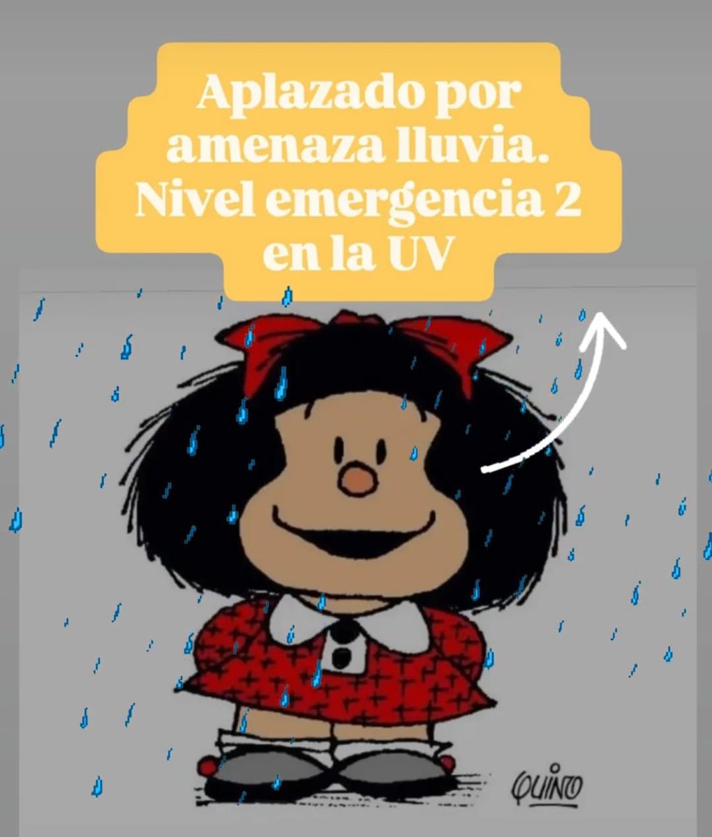 magdarbrox's tweet photo. "Paren el mundo, que me quiero bajar".  Definitivamente se baja: Mafalda suspendido para hoy por nivel de emergencia 3. @AulaComicUV buscará otro día. ACTIVIDAD SUSPENDIDA: Homenaje a Quino por el 60 aniversario de Mafalda https://t.co/uRwqpnhzPo