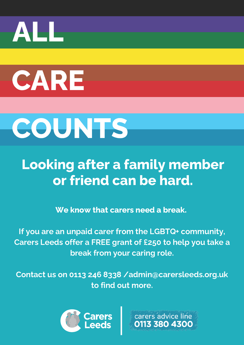 Grants of £250 for LGBTQ+ unpaid carers in Leeds to take a break! 💜

For more info or to apply, email admin@carersleeds.org.uk or call 0113 2468338

This scheme is funded by <a href="/CarersTrust/">Carers Trust</a> and administered by <a href="/CarersLeeds/">Carers Leeds</a>