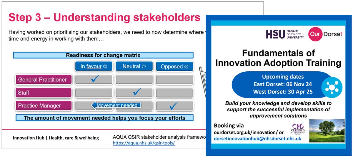 Stakeholder identification &amp; engagement is a central pillar of successful #innovation adoption. Join #DorsetInnovationHub 'Fundamentals of Innovation Adoption' training to learn about skills &amp; techniques to support this &amp; more! Sign up for a place via: ourdorset.org.uk/innovation/eve…