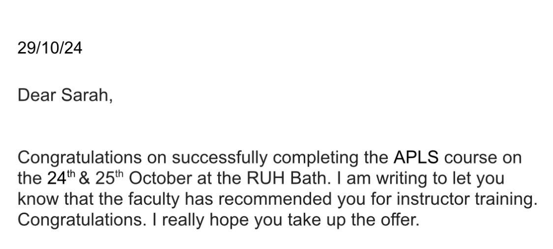 I’ve been working towards this for the last 5 years. Thank you <a href="/pen2103/">pen2103</a> and <a href="/ed_bath/">Emergency Department, Bath</a> for supporting me, &amp; <a href="/RUHBath/">RUH Bath 🏥</a> for being such an inclusive, supportive training environment. I can’t wait to share my passion for paediatric emergency care with even more people! 
<a href="/_ALSG_/">ALSG</a> #APLS