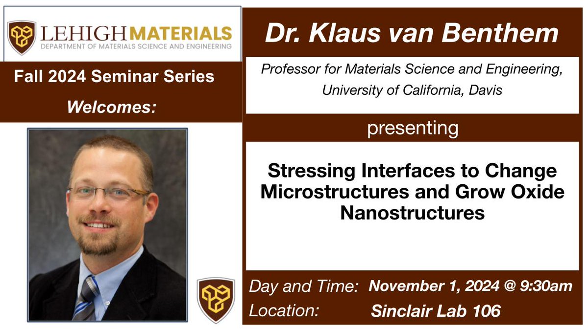 This week, the MSE Dept. will host Dr. Klaus van Benthem from the University of California, Davis for a seminar titled "Stressing Interfaces to Change Microstructures and Grow Oxide Nanostructures" on Friday, 11/1 at 9:30am in Sinclair Lab 106.