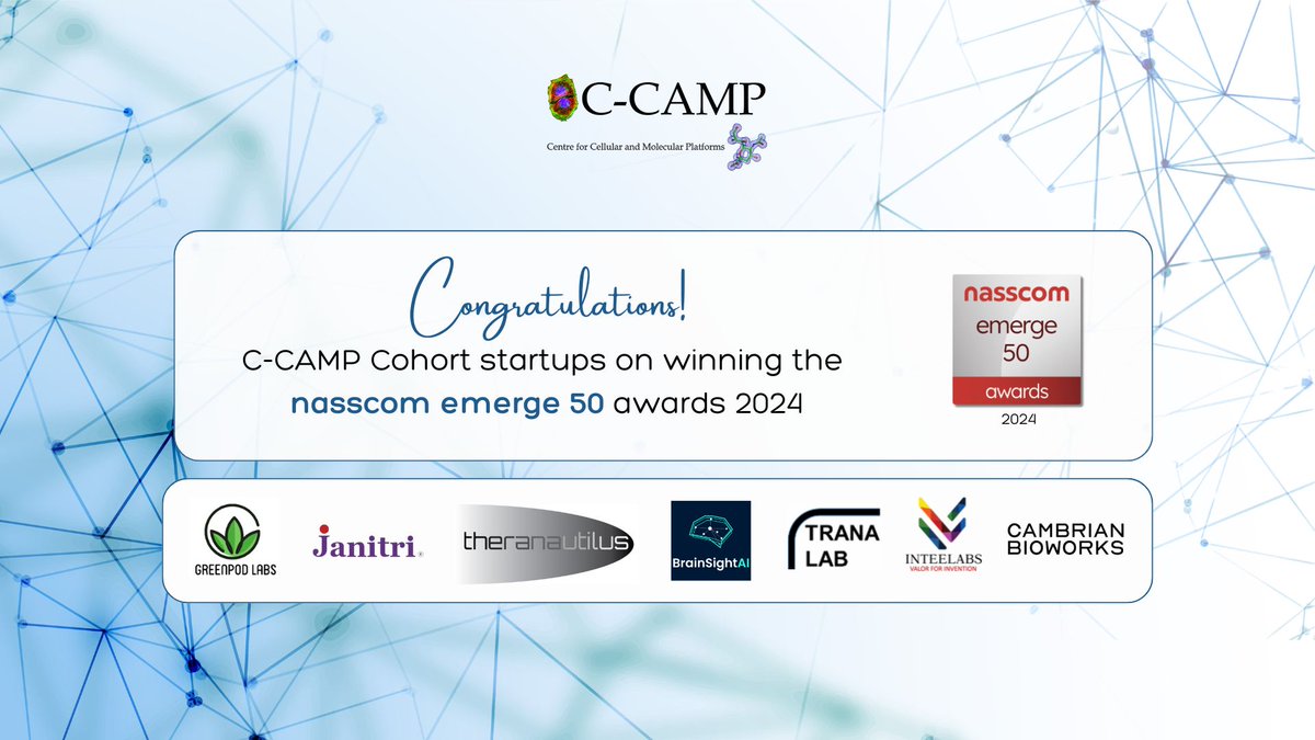 CCAMP_India's tweet photo. π Big news!
7 CCAMP cohort startups have won the prestigious @nasscom #Emerge50 awards in Agri & Food Tech, Biotech & Nanotech, and HealthTech categories!
Congratulations #GreenPod Labs, @CambrianbioIn,
#Theranautilus, #TranaLab, @BrainSightAI,
@janitri_innovat, #Inteelabs!
These teams have been supported through @IndiaDST #NIDHI, #ELEVATE at CCAMP's Agri CoE, #LEAP, #BIG, #TIDE, #SAMRIDH, CCAMP-@CARB_X #AMR QUEST, and InDx programmes.
@Taslimarif @DrJitendraSingh @AshwiniVaishnaw @karandi65 @DBTIndia @itbtgok @MoHFW_INDIA @BIRAC_2012 @AIMtoInnovate @NITIAayog @GoI_MeitY @MSH_MeitY @PrinSciAdvOff @AjaySoodIISc @ktech_DSAI @BMGFIndia