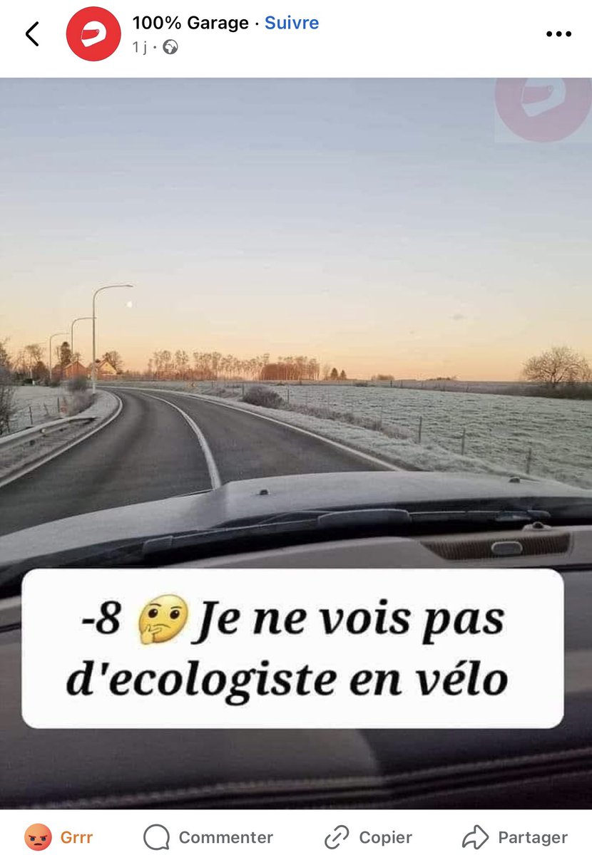Il est surtout pas assez fou pour prendre la route et la partager avec d’autres qui prennent des photos au volant et sur une route verglacée…
#tocard
PS: on dit à vélo et pas en vélo