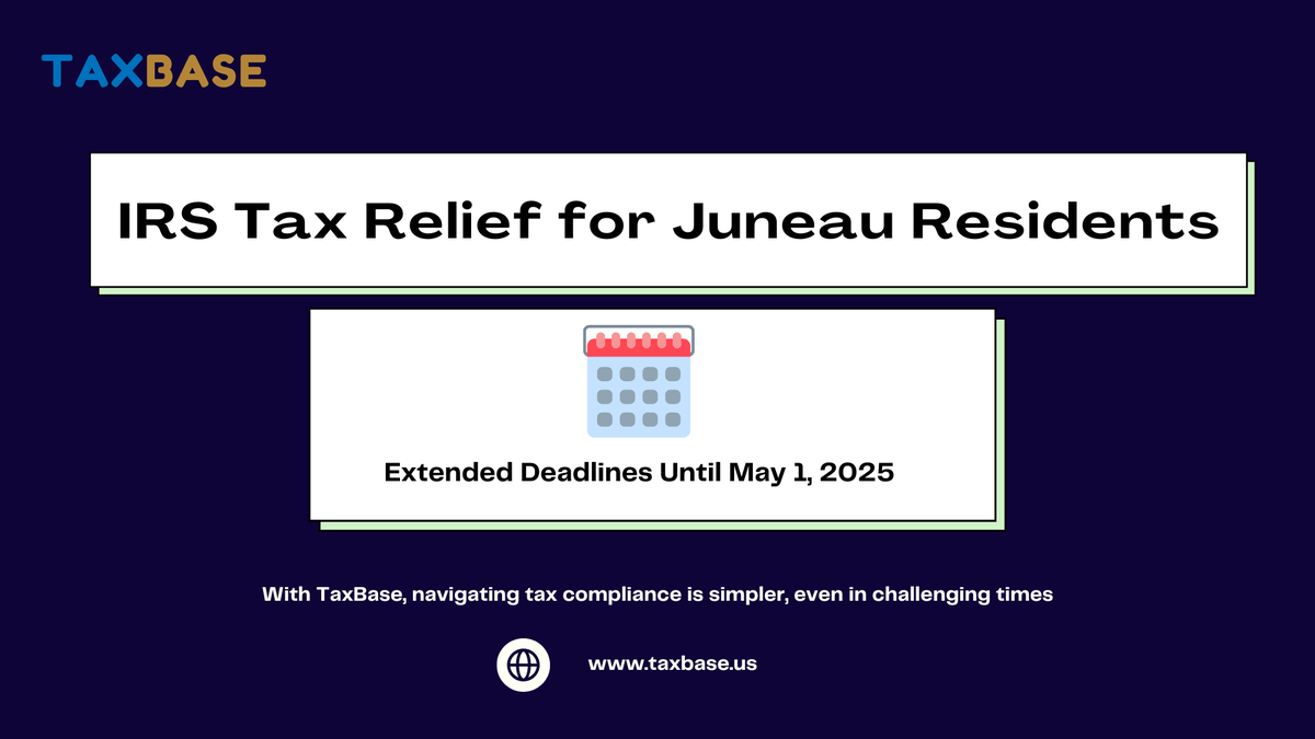 TaxBaseHQ's tweet photo. 🌧️ Affected by recent flooding in Juneau, Alaska? The IRS has announced tax relief, extending deadlines for individuals and businesses until May 1, 2025.
#TaxBase #TaxRelief #IRS #AlaskaFlood https://t.co/Pbb7qSZRBN
