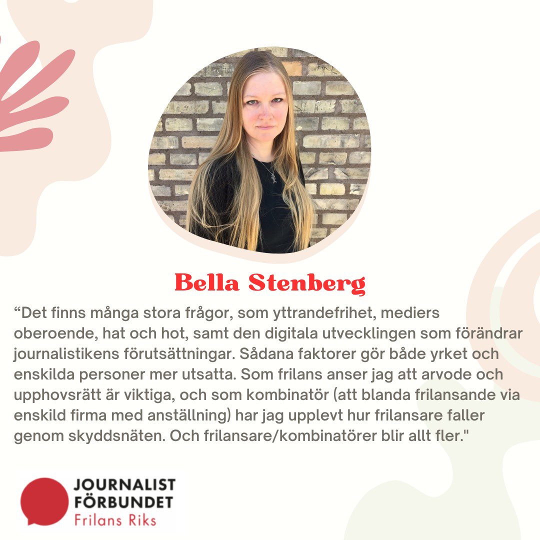 Reporter, kritiker och kulturskribent Bella har ett starkt engagemang inom facket med roller som jämställdhetsombud och ordförande i Västra Frilans samt som ledamot i Frilans Riks. Hon representerade också frilansare på Journalistförbundets kongress.