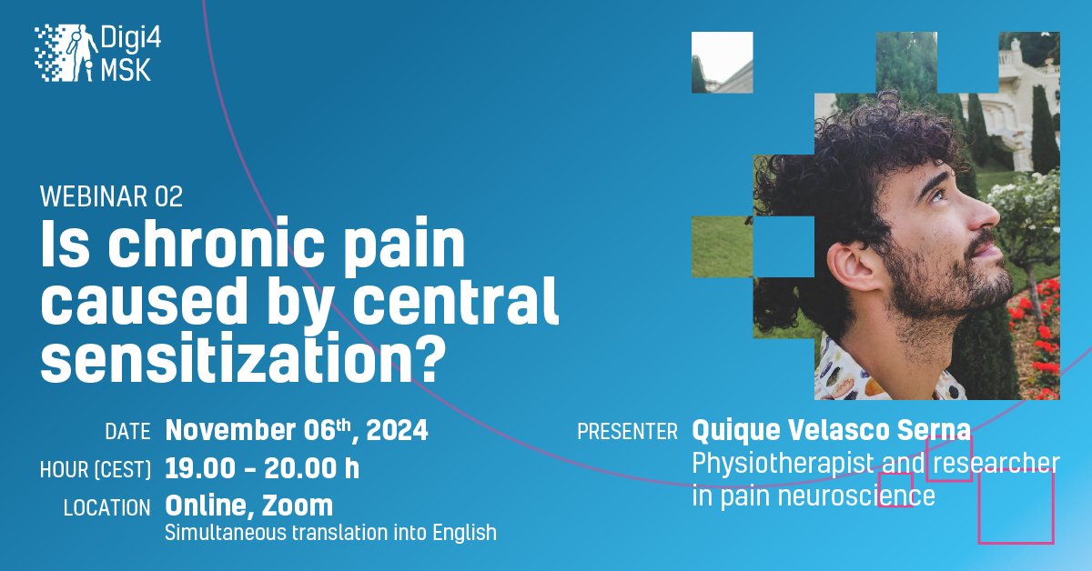 📢 𝗗𝗼𝗻'𝘁 𝗺𝗶𝘀𝘀 𝗼𝘂𝗿 𝗻𝗲𝘅𝘁 𝗳𝗿𝗲𝗲 𝘄𝗲𝗯𝗶𝗻𝗮𝗿 on November 6! 🗓️

🎤 𝗦𝗽𝗲𝗮𝗸𝗲𝗿: Quique Velasco Serna, physiotherapist and researcher in pain neuroscience. 
💻 𝗟𝗼𝗰𝗮𝘁𝗶𝗼𝗻: Online, via Zoom. 
⏰  𝗧𝗶𝗺𝗲: 7:00 PM (CET). 
𝗧𝗶𝘁𝗹𝗲: Is chronic pain caused
