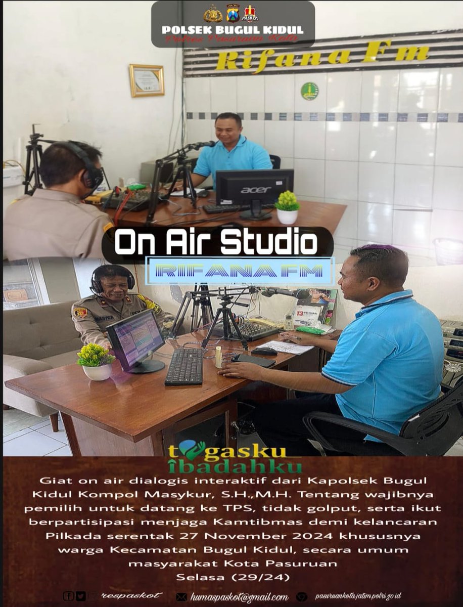 Humas_Bglkdl's tweet photo. Kapolsek Bugul Kidul Kompol Masykur, S.H., M.H., Laksanakan Giat On Air melalui Radio Rifana FM sampaikan himbauan wajibnya pemilih untuk datang ke TPS jangan sampai Golput.....
#respaskot
#jogopaskot
#polripresisi
#optimisjatimbangkit
#polisipenolongmasyarakat https://t.co/2lzTBzXL5v