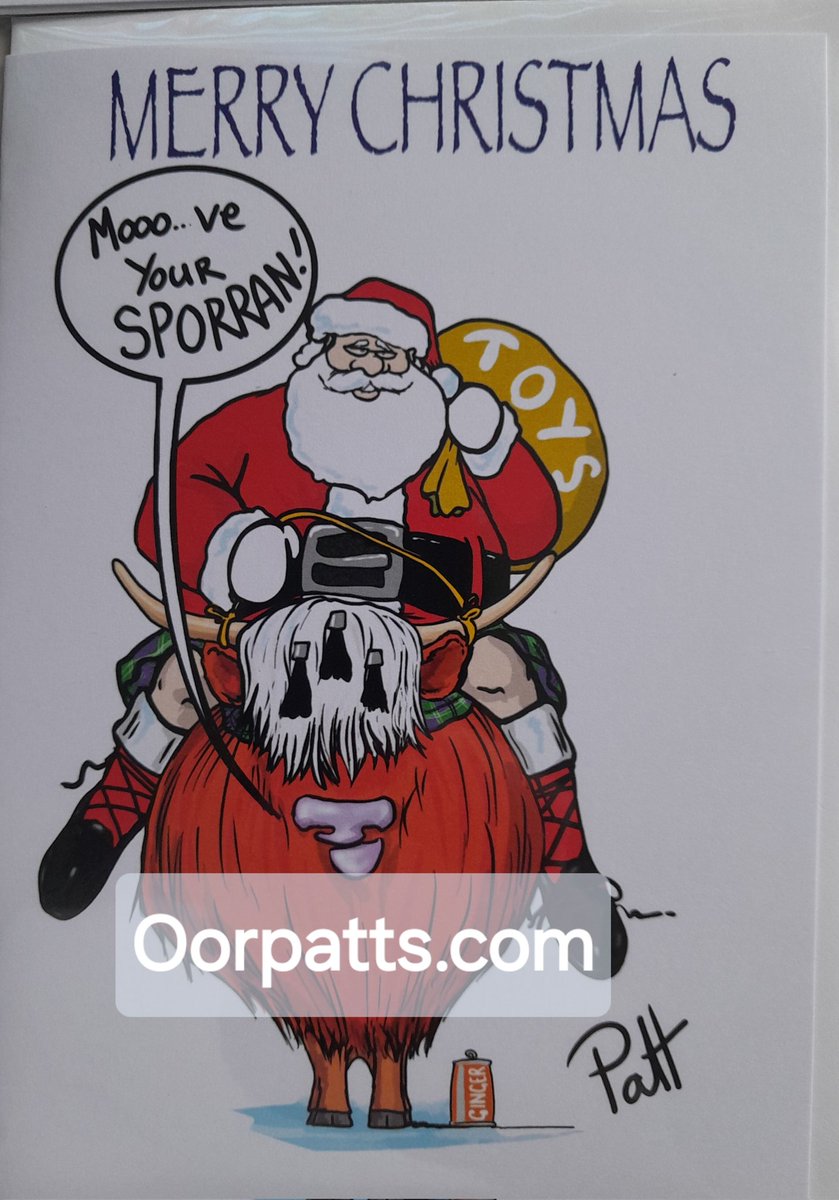 Everyone  knows Santa delivers Scottish toys on the back of his Highland Coo. He also buys his Christmas cards from OorPatts.com
