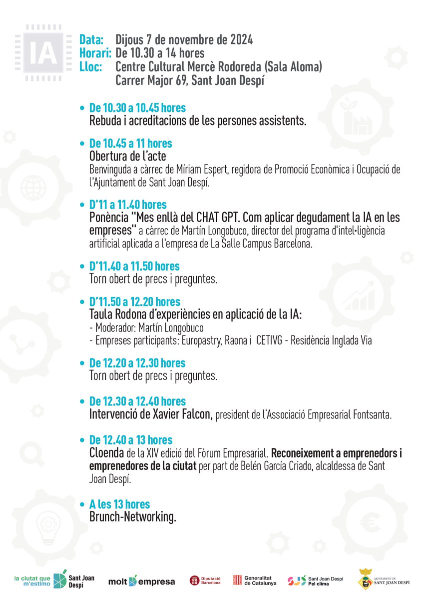 Promodespí (@promodespi) on Twitter photo Poc a poc anem omplint les places pel XIVè #FòrumEmpresarial en el que parlarem amb <a href="/MLongobuco/">Martín Longobuco</a> <a href="/raona_es/">raona</a> <a href="/europastry1987/">Europastry</a> <a href="/Ingladavia/">INGLADA VIA</a> sobre l'aplicació de la IA a l'empresa.
Si ets una #empresa de #SantJoanDespí i encara no t'has inscrit fes-ho aquí 👇forms.gle/jpqPvEFHbJhrtD… Poc a poc anem omplint les places pel XIVè #FòrumEmpresarial en el que parlarem amb <a href="/MLongobuco/">Martín Longobuco</a> <a href="/raona_es/">raona</a> <a href="/europastry1987/">Europastry</a> <a href="/Ingladavia/">INGLADA VIA</a> sobre l'aplicació de la IA a l'empresa.
Si ets una #empresa de #SantJoanDespí i encara no t'has inscrit fes-ho aquí 👇forms.gle/jpqPvEFHbJhrtD…