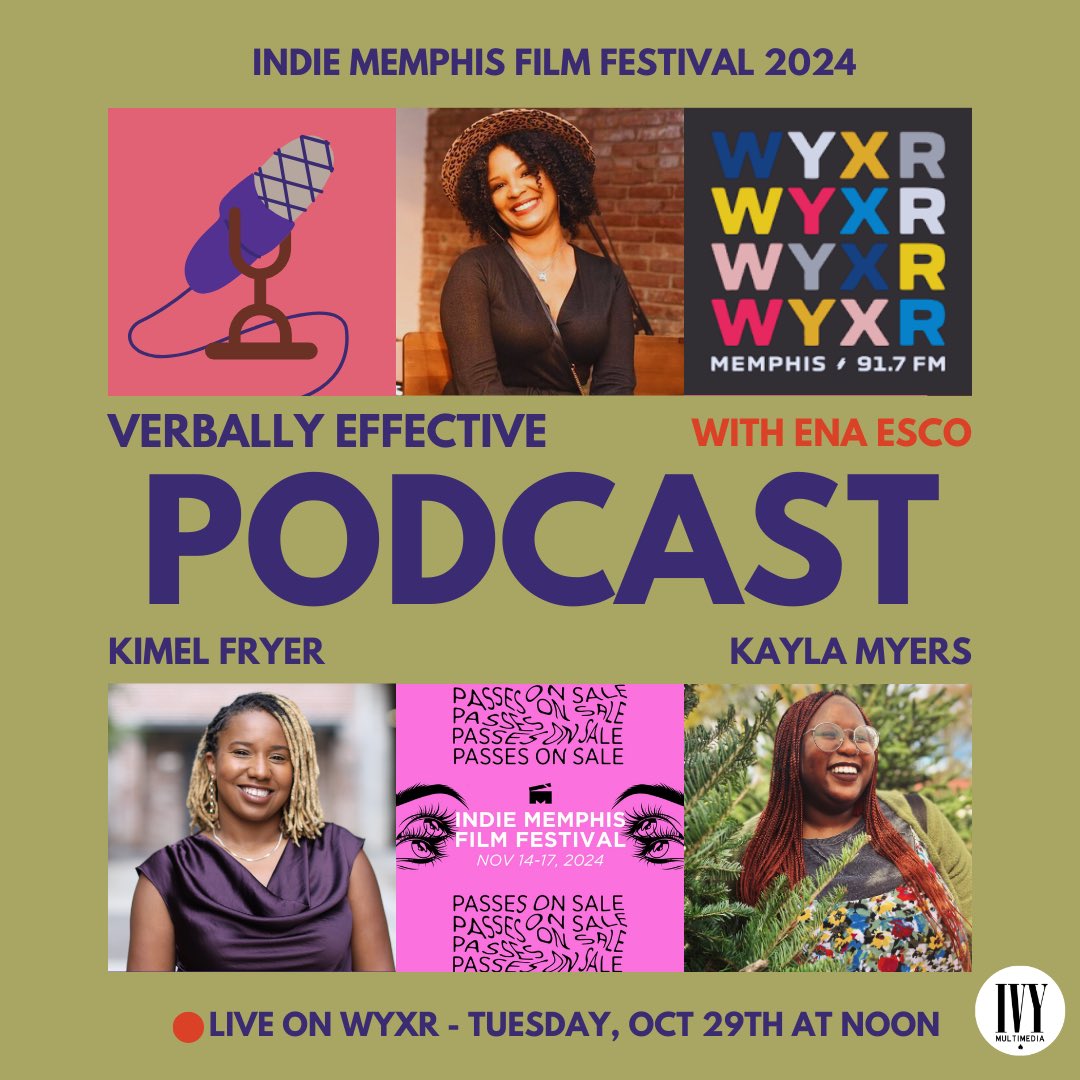 EnaEsco's tweet photo. Catch us at noon today on @WYXR_Memphis for a live #verballyeffectivepodcast! I’m diving into all things Indie Memphis Film Festival happening November 14-17 with @FRYsmalls and @kaymyers_.
#IMFF24 #independentfilm #film #verballyeffective #ivymultimedia https://t.co/CCOv6J4ccf