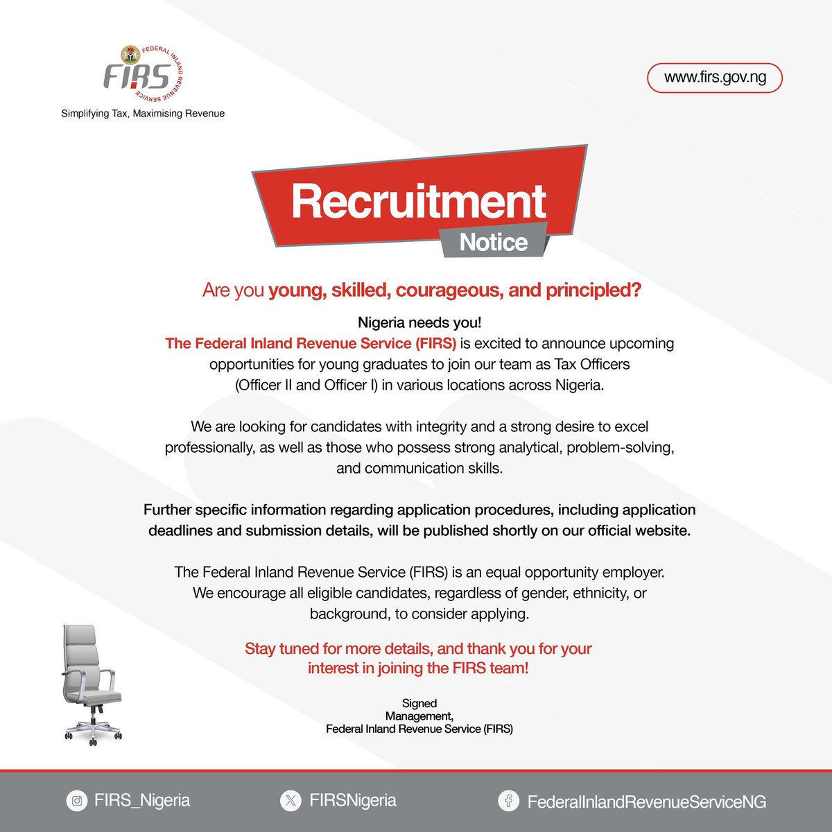 MSIngawa's tweet image. JOB ALERT AT FIRS

Qualification:
Degree or HND
First Class or 2:1
You must be born after 1996🥴

Click here to apply: careers.firs.gov.ng