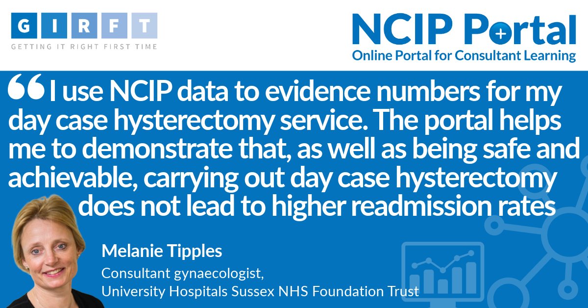 Getting It Right First Time (GIRFT) (@nhsgirft) on Twitter photo ‘I use NCIP data to evidence numbers for my day case hysterectomy service…’
Melanie Tipples, consultant gynaecologist <a href="/UHSussex/">University Hospitals Sussex</a>
Join Melanie in embracing NCIP... email england.ncip@nhs.net TODAY to unlock your account
#YourNCIPYourData ‘I use NCIP data to evidence numbers for my day case hysterectomy service…’
Melanie Tipples, consultant gynaecologist <a href="/UHSussex/">University Hospitals Sussex</a>
Join Melanie in embracing NCIP... email england.ncip@nhs.net TODAY to unlock your account
#YourNCIPYourData