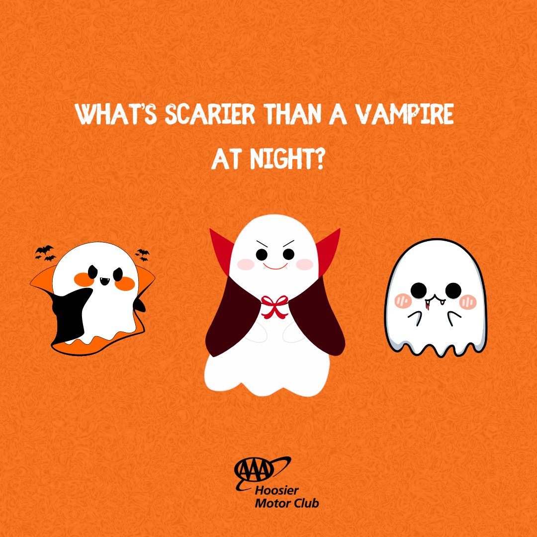 AAAhoosier's tweet photo. What’s scarier than a vampire at night? 🧛 Not getting hotel and car rental discounts! For real, so scary! Visit us at https://t.co/x3Mn2oaEWH to sign up for AAA Plus membership, so you can rest assured on your next vacation. 😉 https://t.co/wEV5fCUr7A