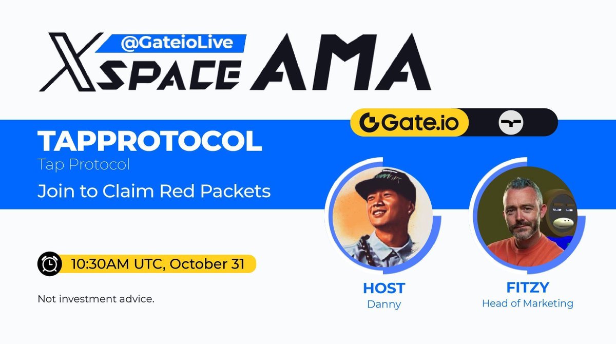 Gate.io #AMA - <a href="/tap_protocol/">TAP Protocol</a>

🎁28 #TAPPROTOCOL for 5 lovely users
🔺Follow <a href="/GateioLive/">Live</a> &amp; <a href="/tap_protocol/">TAP Protocol</a>
🔺Like &amp; Rt
🔺Venue: x.com/i/spaces/1YpKk…

📝Drop your questions to WIN extra #TAPPROTOCOL⤵️ 
gate.io/questionnaire/…

End: 10:30AM, Oct 31 (UTC)

#GateLive