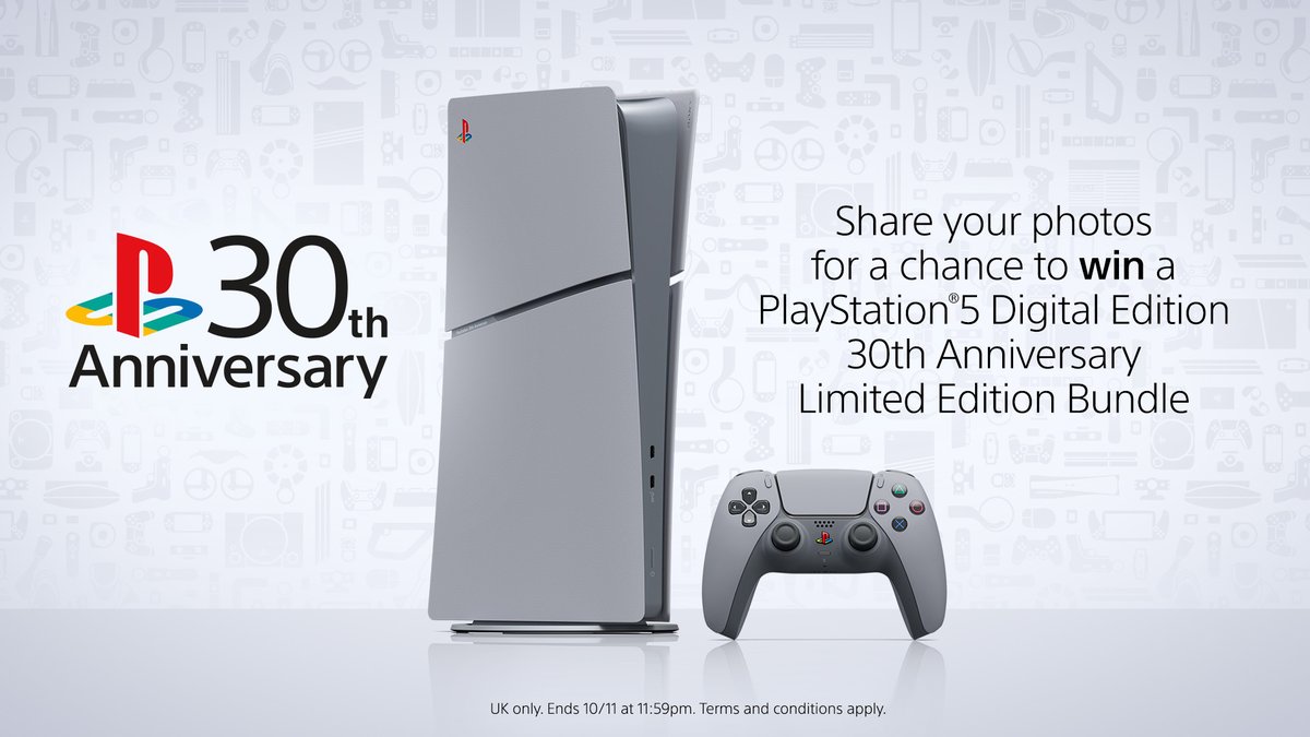 PlayStationUK's tweet image. Happy birthday to us!

For the chance to win a 30th Anniversary PS5 Digital Edition, reply to this post with a photo of when you were gifted a PlayStation and tell us the story behind it. Christmas or birthday, from PS1 to PS5.

UK only. Ends 10/11. T&amp;amp;Cs: play.st/3NJiaEz