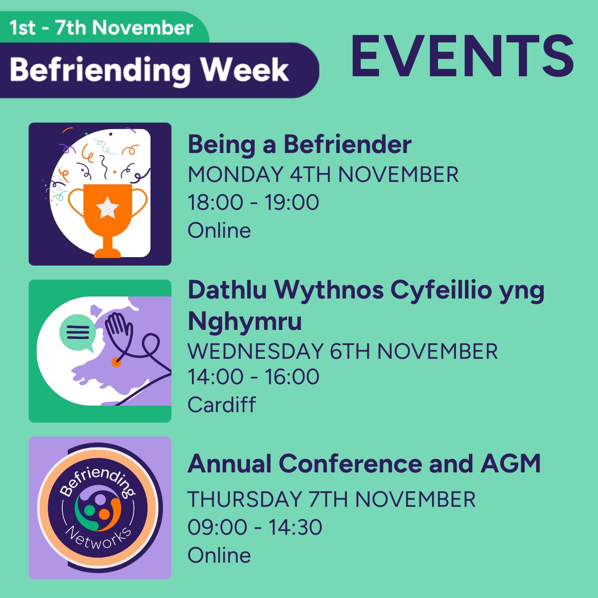 befriendingnet's tweet photo. We're so excited to get together with our members and supporters this #BefriendingWeek! ✨ We have a great programme of events happening this year:
💚 Being a Befriender - a social and celebration for your volunteer befrienders (Online)
💜 Dathlu Wythnos Cyfeillio yng Nghymru/ Celebrating Befriending Week in Wales (Cardiff)
🧡 Befriending Networks Annual Conference and AGM (Online)

Visit our website to find out more: https://t.co/5waGUOQTJO