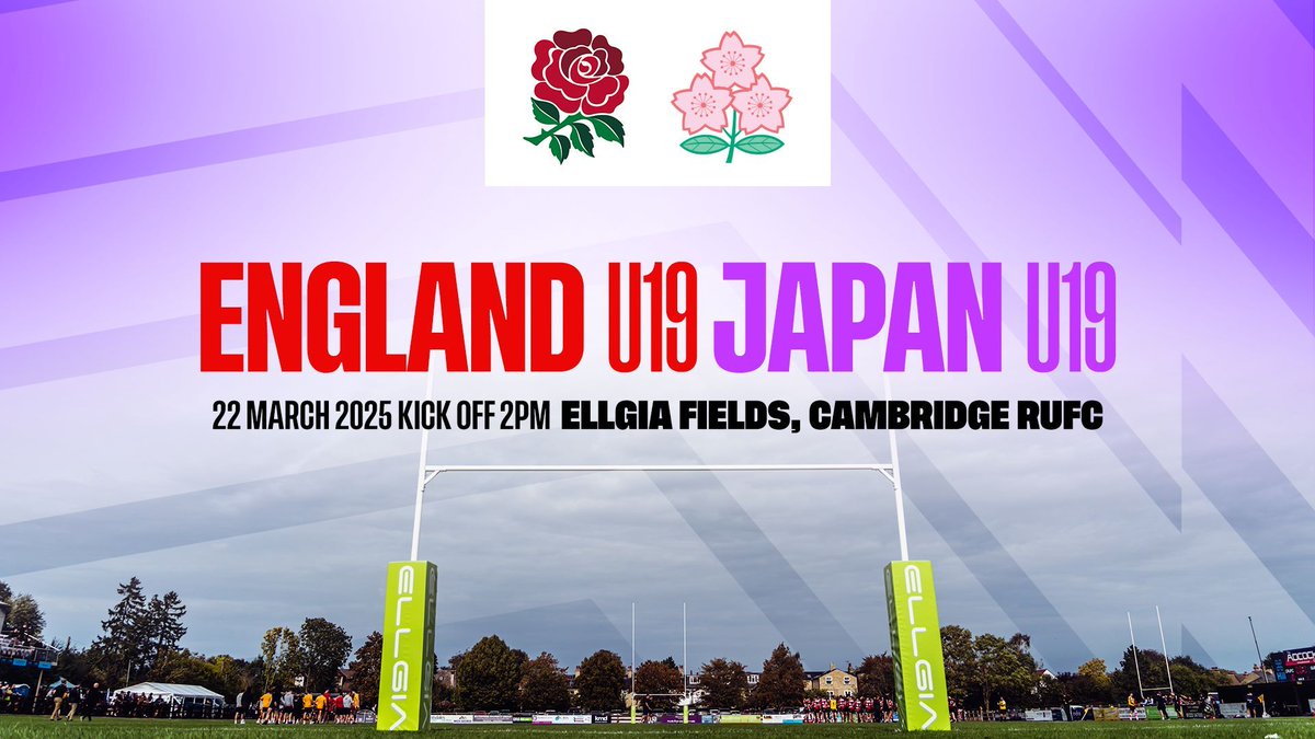 Cambridge Rugby 🏉 (@camrufc) on Twitter photo We are excited to announce that @englandrugby U19s Men will face Japan U19s Men at Ellgia Fields on Saturday 22nd March 2025 in preparation for the U19 Men’s spring programme! 
Kick off is scheduled for 2pm & tickets are now available to purchase ⬇️
🎟️ - buff.ly/3YQ9TVT We are excited to announce that @englandrugby U19s Men will face Japan U19s Men at Ellgia Fields on Saturday 22nd March 2025 in preparation for the U19 Men’s spring programme! 
Kick off is scheduled for 2pm & tickets are now available to purchase ⬇️
🎟️ - buff.ly/3YQ9TVT