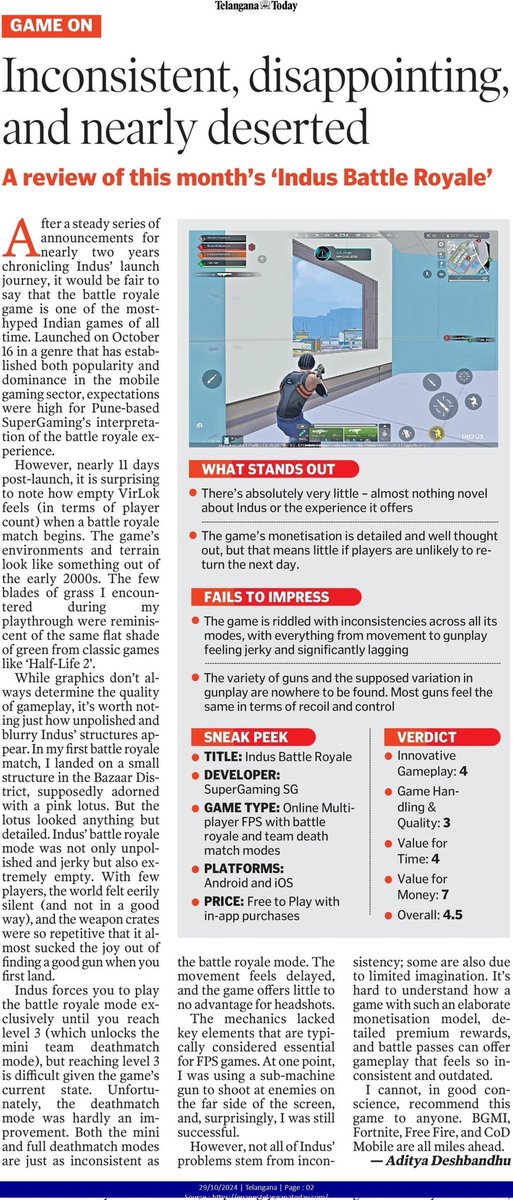 Aditya Deshbandhu (@adityadeshbandu) on Twitter photo This week in Game On <a href="/TelanganaToday/">Telangana Today</a> I review <a href="/SuperGamingNPC/">SuperGaming</a> 's <a href="/IndusGame/">Indus Game</a> nearly 13 days on I found the game inconsistent, laggy, and the world extremely empty. A lot plagues the game apart from its sub-par visuals and bugs. Please read more to find out telanganatoday.com/inconsistent-d… This week in Game On <a href="/TelanganaToday/">Telangana Today</a> I review <a href="/SuperGamingNPC/">SuperGaming</a> 's <a href="/IndusGame/">Indus Game</a> nearly 13 days on I found the game inconsistent, laggy, and the world extremely empty. A lot plagues the game apart from its sub-par visuals and bugs. Please read more to find out telanganatoday.com/inconsistent-d…