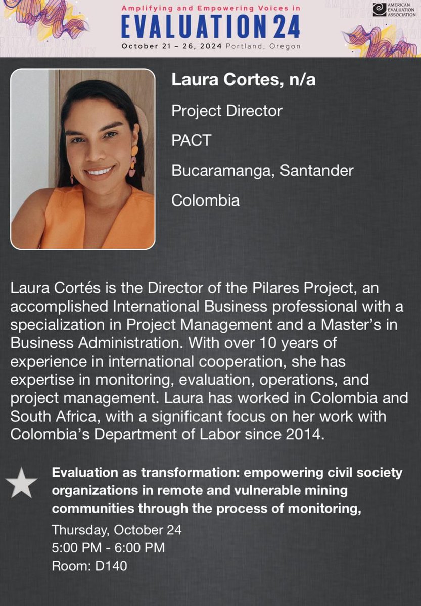 La directora del Proyecto Pilares, Laura Cortés, participó en en la conferencia anual de la American Evaluation Asociation. Allí expuso cómo se ha empoderado a la comunidad y las organizaciones de la sociedad civil👨‍👩‍👧🙆‍♂️🧑‍🍳👷‍♀️, usando herramientas de monitoreo y evaluación.