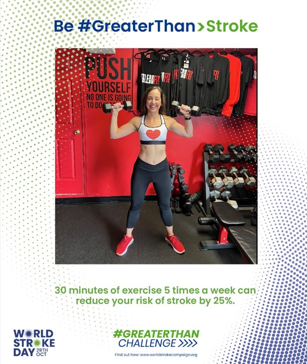 It's #WorldStrokeDay. Did you know that 1 million strokes a year are linked to physical inactivity? Just 30 minutes of exercise five times a week can reduce your risk of stroke by 25%.

#GreaterThanStroke #StrokePrevention #fitness