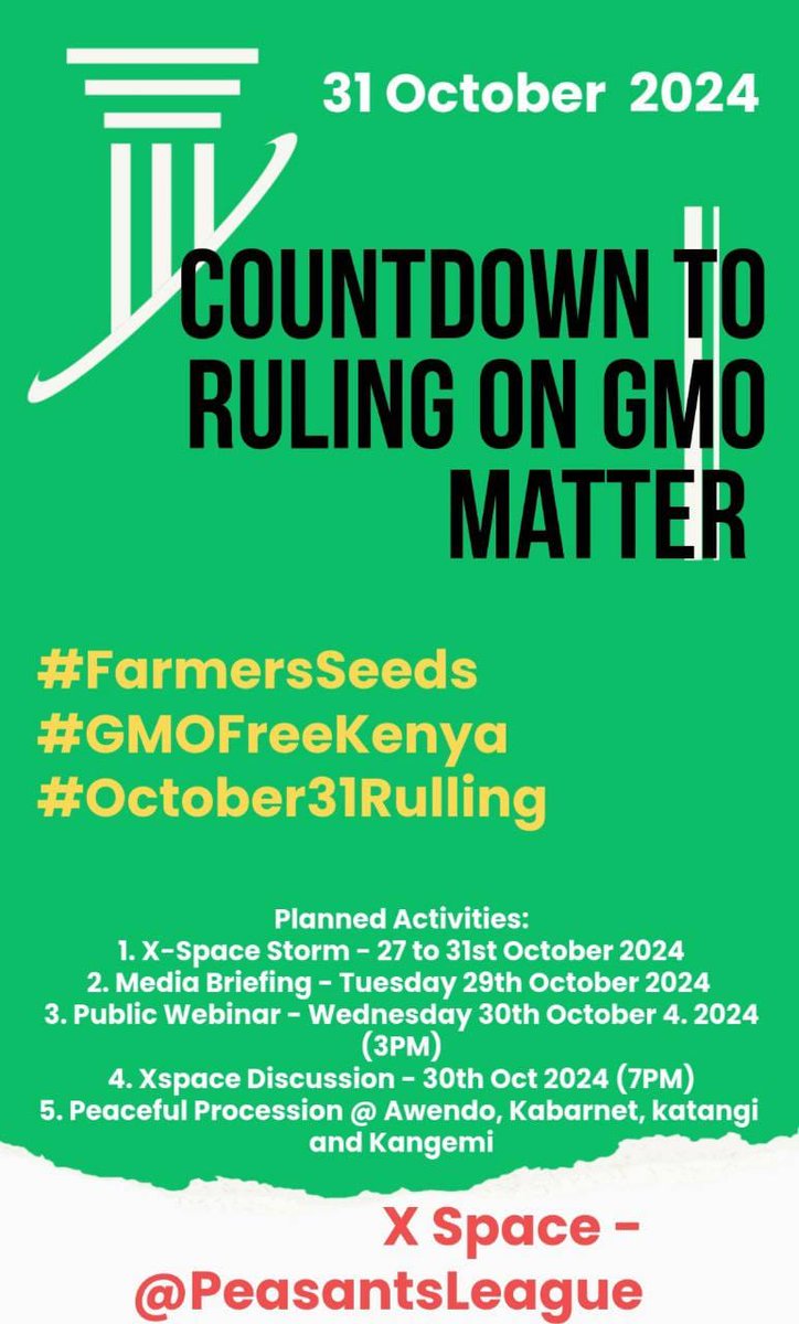 PeasantsLeague's tweet photo. Media briefing on impending #October31Ruling on whether or not Court will continue to hear petition against the lifting of the ban on GMOs #KeepTheBan #FarmersSeeds
@1000currents
@via_campesina @GRAIN_org @GlobalAktion @globaltfokus @ESAFFUG @cidioti @FundAgroecology @KPL_Women https://t.co/crHwcPJydO