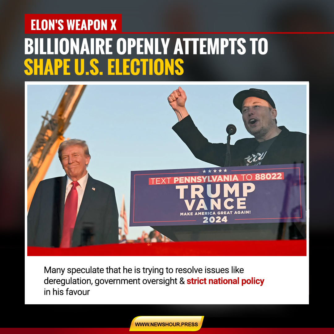 Newshour_press's tweet image. Elon Musk's influence in the 2024 U.S. Presidential race goes beyond endorsements, marking a shift as tech billionaires shape electoral outcomes. With financial support and online campaigns, Musk’s actions spark debate on #TechBillionairePolitics and #ElectionInfluence.