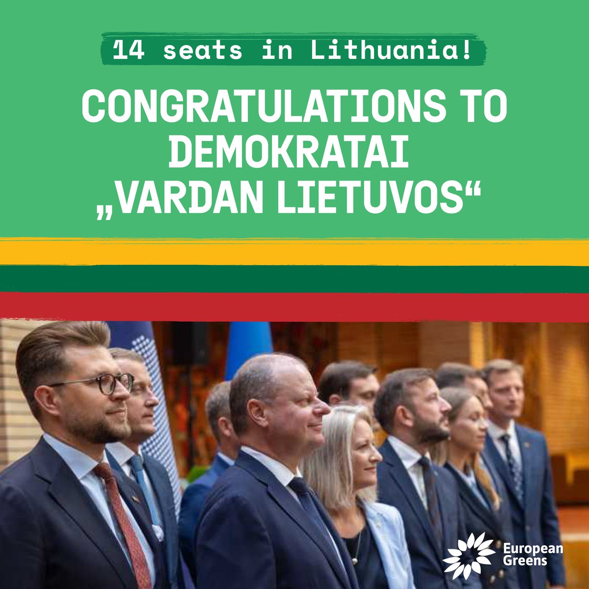 europeangreens's tweet photo. 🎉 Congrats to Demokratai “Vardan Lietuvos” on their 14 seats secured in the Lithuanian Parliament.

🇱🇹 We are looking forward to seeing them bring expertise to form a stable government for a better future!

🌻 This result positions them as a major player in Lithuanian politics. https://t.co/5JVi2vfIXK