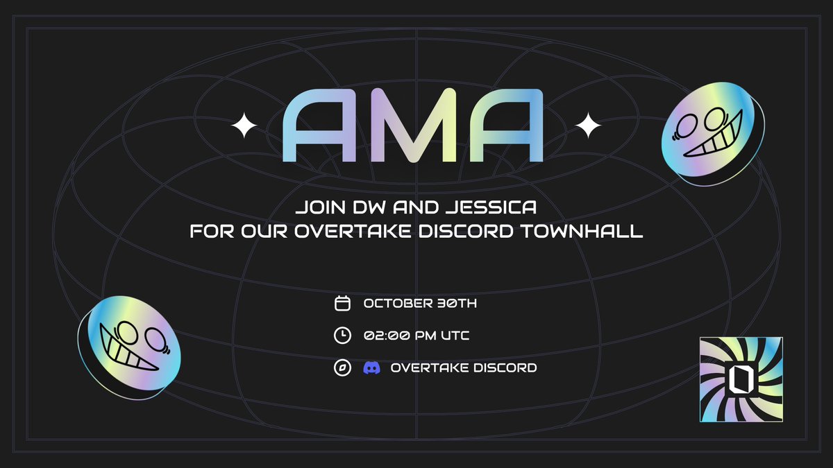 overtake_world's tweet image. Join our Discord Townhall for the latest updates on $OVT, Somnis allocation breakdown, roadmap, and more!

📆 Oct 30th
⏰ 2 PM UTC

Set your reminders in Discord &amp;amp; drop your questions below 👇