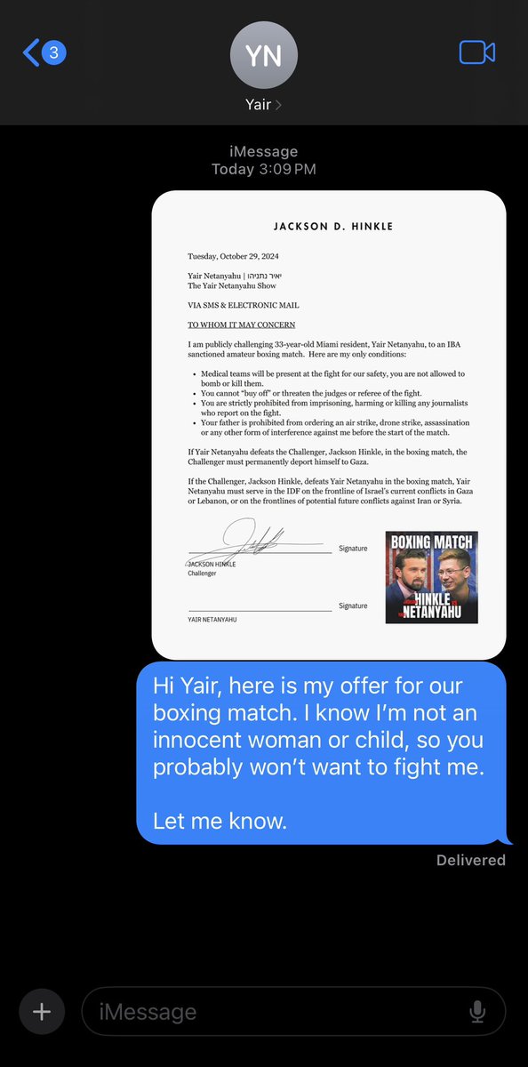 🚨🇺🇸🇮🇱 BREAKING: I have texted my official challenge to YAIR NETANYAHU for a sanctioned boxing match.