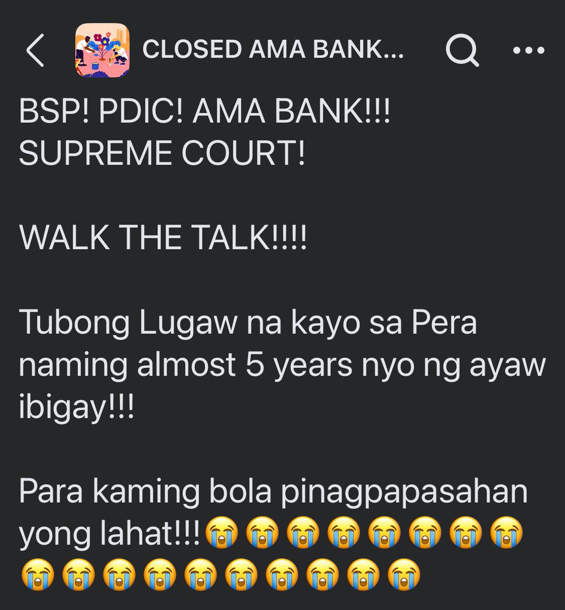 trail_road's tweet photo. @DrTonyLeachon @SCPh_PIO Congratulations po Doc, your relentless pursuit paid off..
Anong pwede kaya gawin ng mga depositors ng #AMABAnk para makuha nila kanilang deposits.
Similar situation pera ng tao ayaw ibigay ng @BangkoSentral @OfficialPDIC grabe conspiracy at depositors expense. https://t.co/FPJ7XfDLDa
