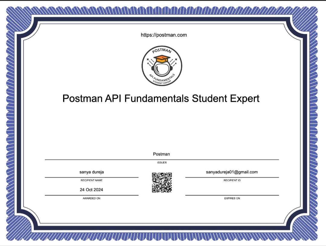 Excited to complete the Postman API Student Expert Certification! 🎉Learned about API requests, HTTP methods, automation, and more. Looking forward to some awesome swags from Postman !!

Big thanks to <a href="/ialimustufa/">Ali Mustufa</a> #PostmanStudent 
<a href="/getpostman/">Postman</a>  x <a href="/girlscriptsoc/">GirlScript Summer Of Code 2024</a>