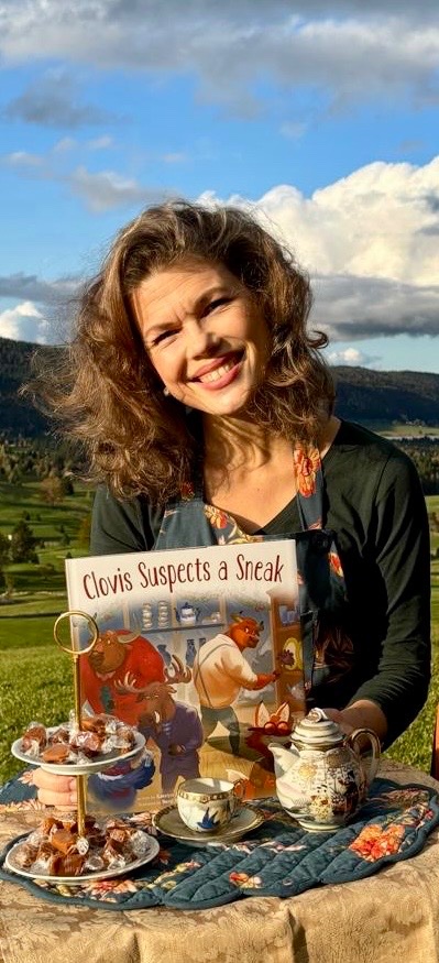 🎉It’s official release day for my #cozymystery CLOVIS SUSPECTS A SNEAK☕️🐃. Here I am having a mountain top tea party to celebrate!🎊 

Thank you #benjiwilliams &amp; @pagestreetkids for your collaboration on this #Clovis sequel. ❤️
 #kidlit #childrensbook #picturebook #sel #mystery