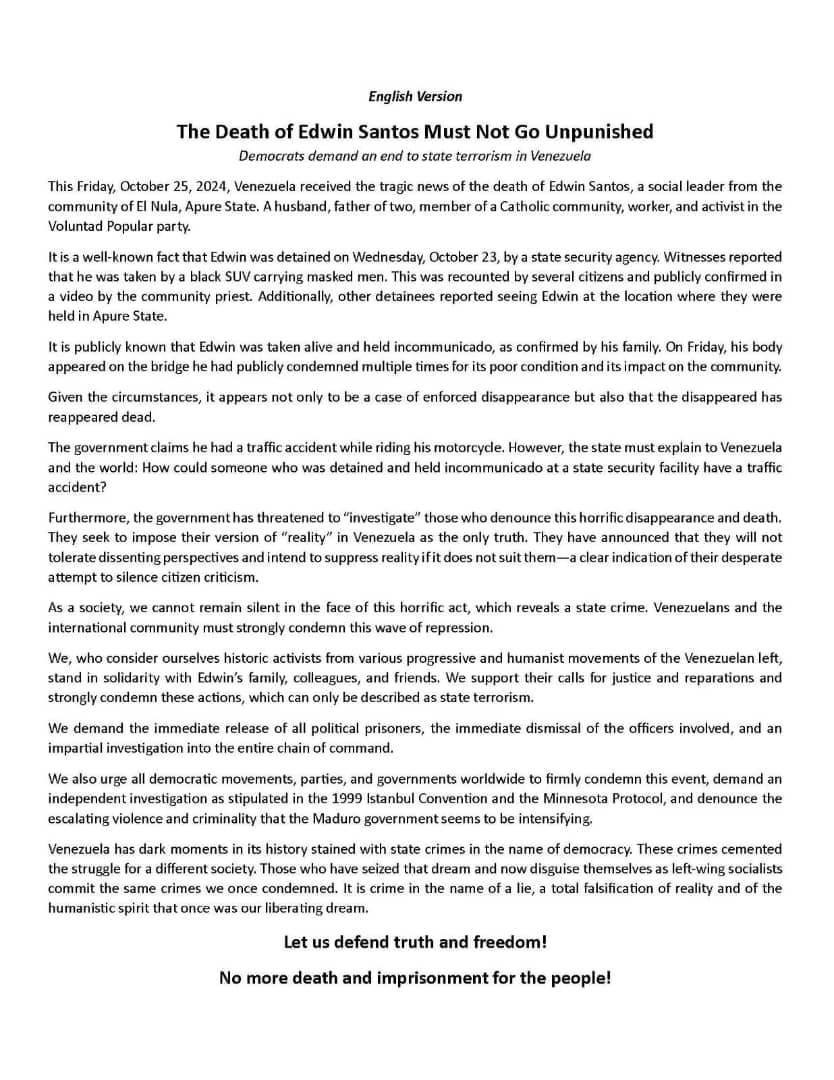 Mas de 100 personalidades del mundo político y cultural venezolano nos sumamos a pedir Justicia por Edwin Santos. #EdwinSantos 

Este crimen atroz no puede quedar impune.

Acompaña esta declaración con tu firma abajo 👇