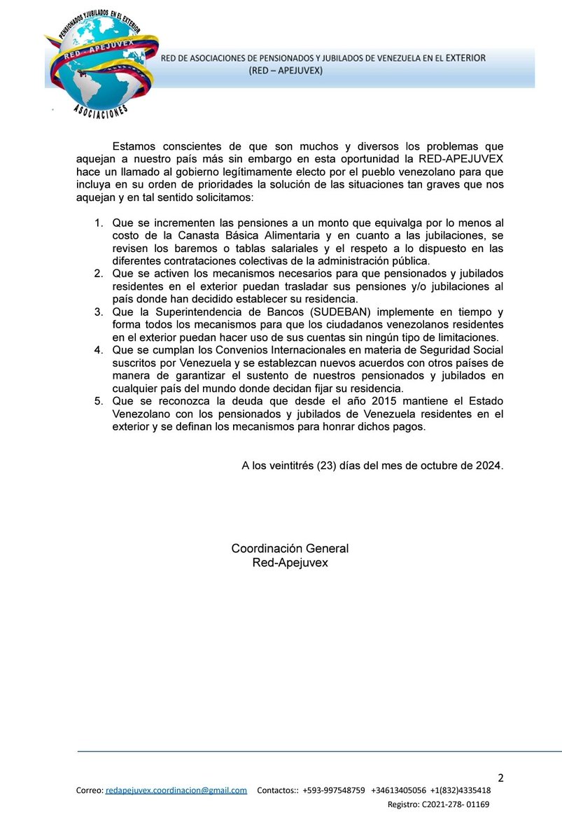 Red-Apejuvex DENUNCIA una vez más la grave situación  que desde hace casi 10 años viven los Pensionados residentes en el Exterior así como el #EXTERMINIO #SISTEMÁTICO al que se ha sometido a toda la población venezolana con salarios de hambre