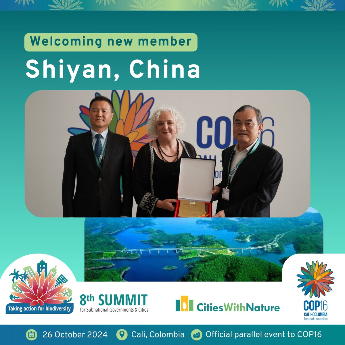 <a href="/ICLEI/">ICLEI</a> &amp; <a href="/CitiesWNature/">CitiesWithNature</a> welcomed Shiyan, China as a new member at #COP16Colombia 🎉

Known for its Wudang Mountains &amp; automobile industry hub, Shiyan is committed to environmental protection, biodiversity conservation &amp; economic growth.

#8thSummitCOP16
#PeaceWithNature

<a href="/ICLEI/">ICLEI</a>
