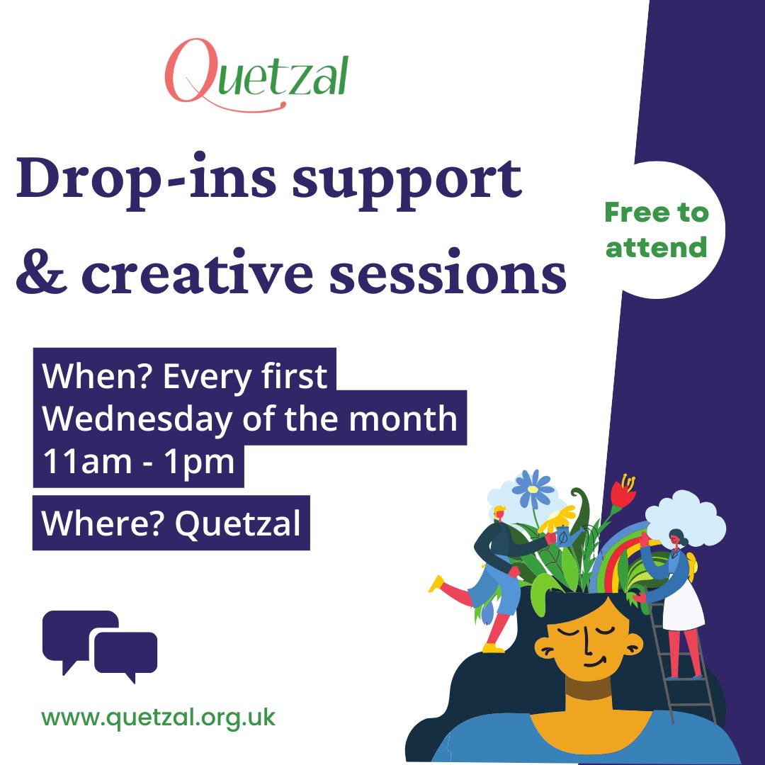 Join us next week for our monthly drop-in session, a welcoming, women-only environment to feel supported and heard. 🌼

🗓 6th Nov, 11am-1pm
📍 Quetzal Building

#quetzal #quetzalcharity #freedropinsession #womenonlyevent #WomenSupportingWomen #SafeSpace #HealingTogether