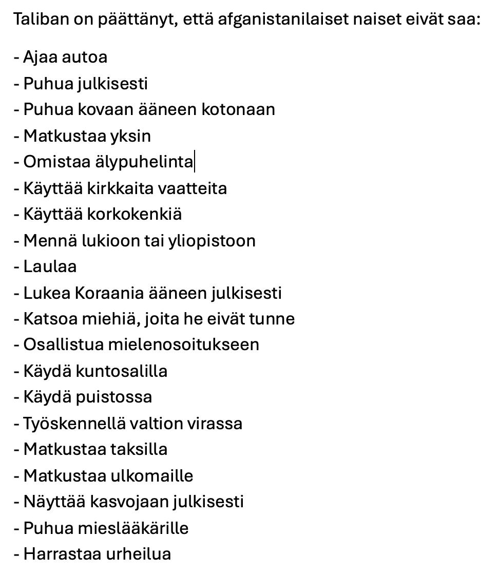 NevgiAnne's tweet photo. Taliban on kieltänyt naisilta kaiken. Viimeiseksi puhumisen toisille naisille.

Meillä Itäkeskukseen tuli plakaatti, jossa kielletään naisia pukeutumasta sopimattomasti. Naisten tulee pukeutua kaiken peittäviin kaapuihin.

Let that sink in! https://t.co/oMdUXeynzT