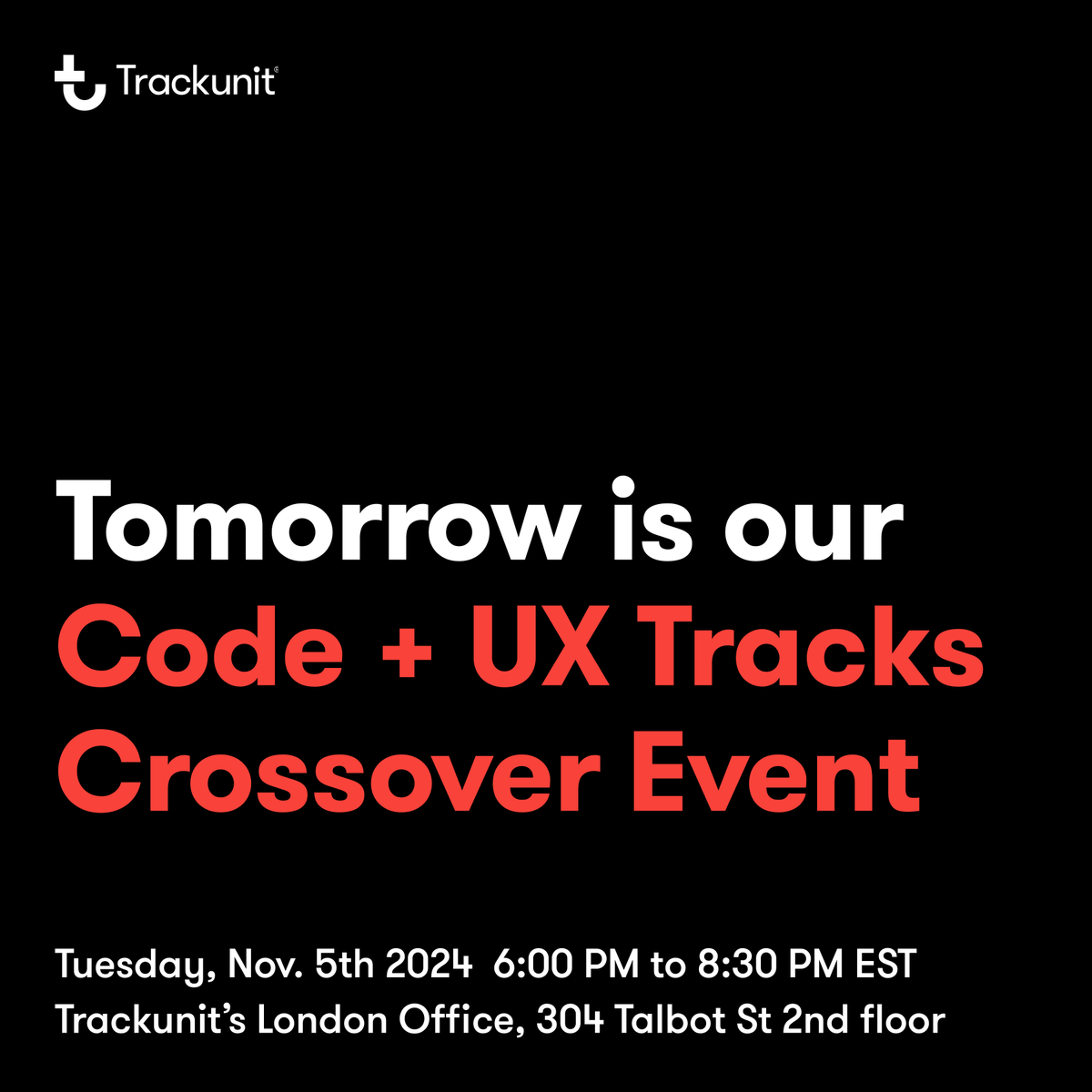 trackunit's tweet photo. 🚨 TOMORROW is the day! 🚨Don't miss out on the Code + UX Tracks: A Crossover Event happening tomorrow evening! 

Last chance to grab your free spot: https://t.co/hTq9tYzDIt

Join us for great insights and networking! 🙌
#UXDesign #FrontendDev #Networking #CodeTracks https://t.co/81yAnA9bup