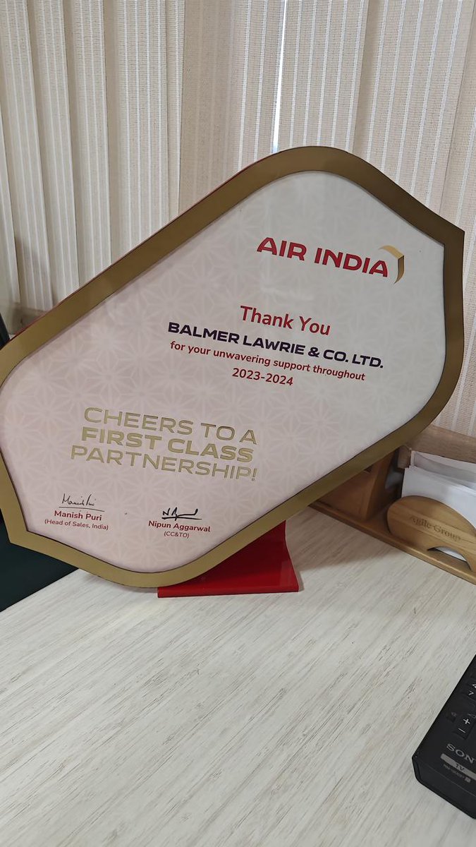 Balmer Lawrie Travel &amp; Vacations is amongst the largest corporate travel management companies in the country, partnering with top airlines across the globe to serve its customers. In recognition, Air India presented Balmer Lawrie with a shield yesterday at its office in Delhi.