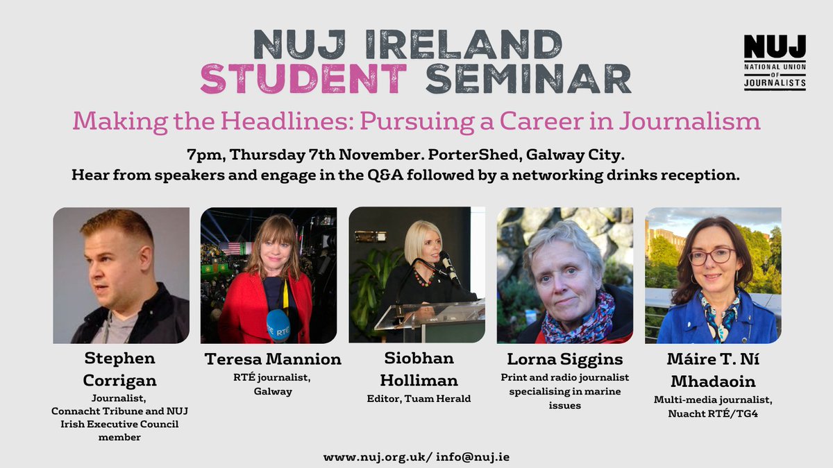 There's not long to go until our Ireland student seminar on 7th November in Galway City.
Students, email info@nuj.ie to register a place and join others pursuing a career in journalism. There'll be time for a Q&amp;A with panellists &amp; a drinks reception too. nuj.org.uk/learn/ems-even…