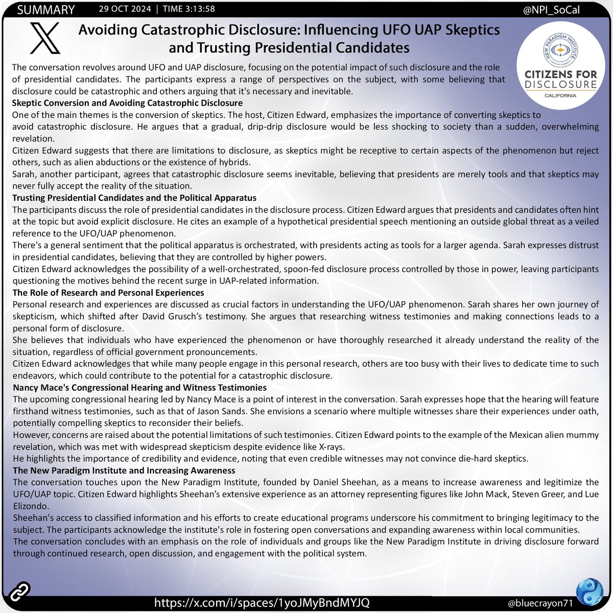 bluecrayon71's tweet photo. Avoiding Catastrophic Disclosure: Influencing UFO UAP Skeptics and Trusting Presidential Candidates @NPI_SoCal
🔗 https://t.co/7XnSH3o0b0
#UFOdisclosure #SkepticConversion #NancyMaceHearing #NewParadigmInstitute #Consciousness #TheSeeding #CatastrophicDisclosure https://t.co/qVcy7LJZmw