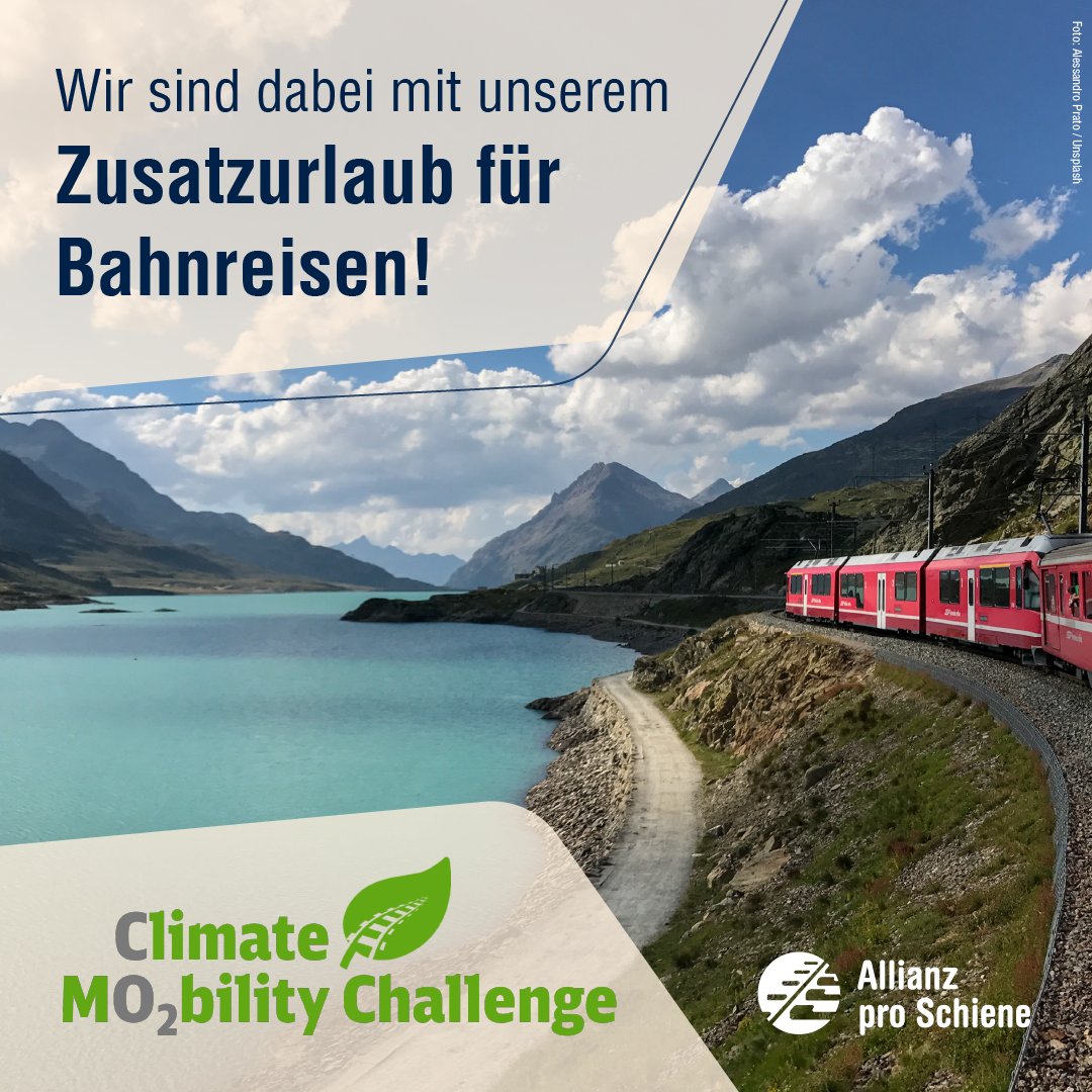 Schienenallianz's tweet photo. Wir sind dabei! Zur #ClimateMobilityChallenge der @DB_Presse zeigen wir stolz unser Bahnreise-Zusatzurlaub-Modell als nachhaltige Alternative zum Flugzeug. Nachahmung durch andere Organisationen und Unternehmen absolut erwünscht und empfohlen!
#ZügeStattFlüge https://t.co/ZdIwbymSqJ