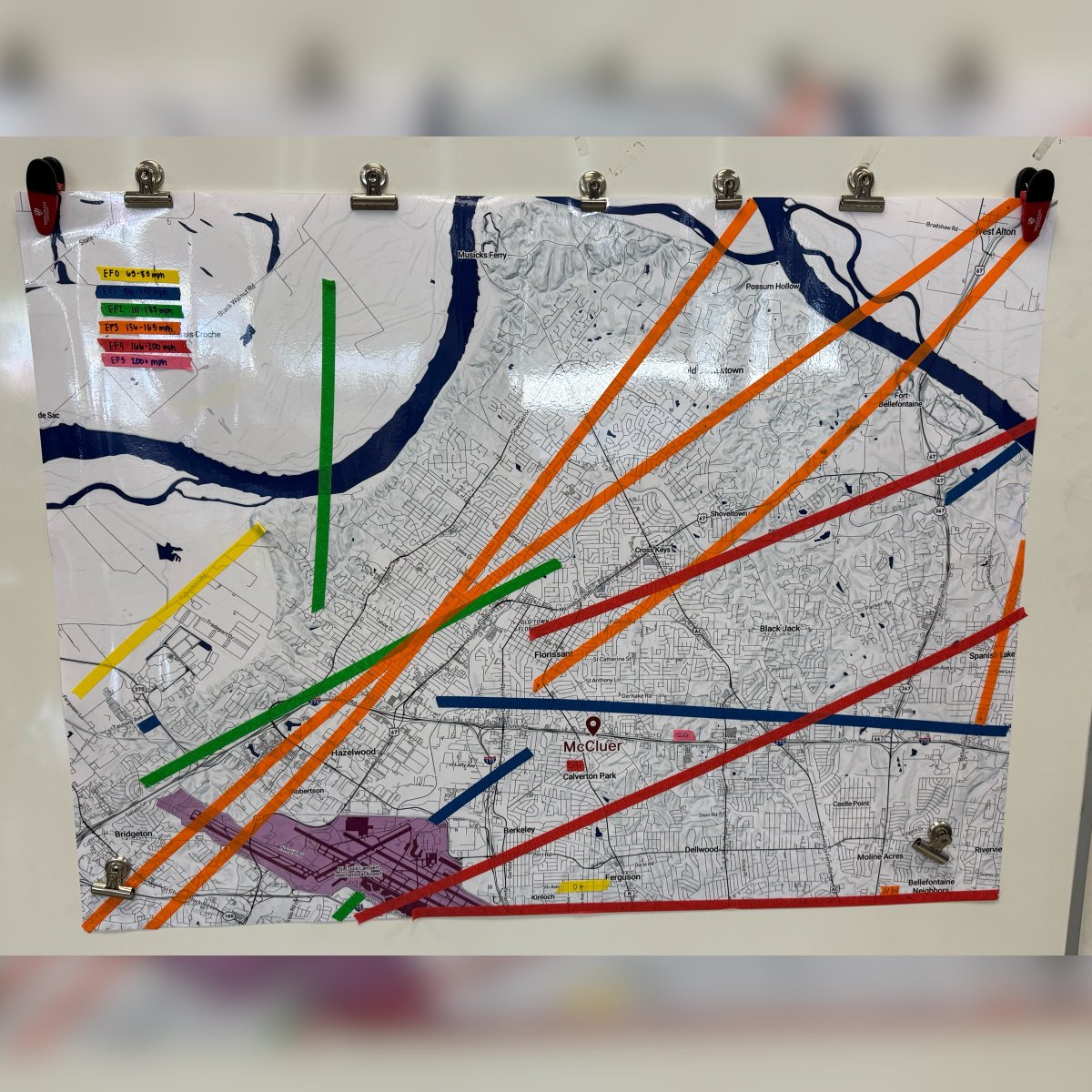 McCluerAVID's tweet photo. Students in honors meteorology identifying trends in tornadic activity in their own community by mapping 100+ years of tornado tracks in North St. Louis County. #McCluer #FergFlorProud https://t.co/RwzxlAeLEv