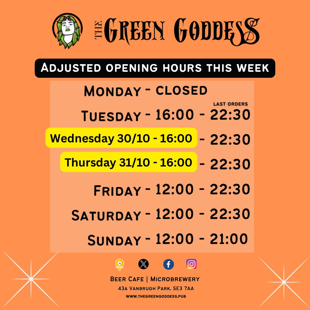 A little tweak to our opening for THIS WEEK ONLY. 

Opening from 4pm this Wednesday (30th) and Thursday (31st) instead of the usual 2pm. 

Weekend is as normal Fri/Sat/Sun from noon. 

See ya later pals!