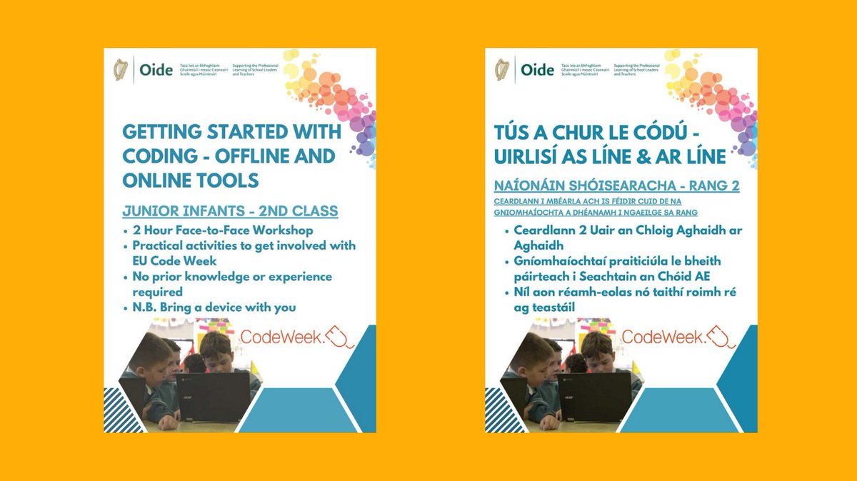DublinWestEC's tweet photo. 📣Oide ICT workshop for teachers of Junior Infants to 2nd Class
Face to face workshop taking place in Dublin West Education Support Centre
⭐Book your place via https://t.co/WBUrumD2CL and remember to bring a device!
#CodeWeek #Oide #ICTWorkshop #PrimaryTeachersIreland https://t.co/rI31XuNvud