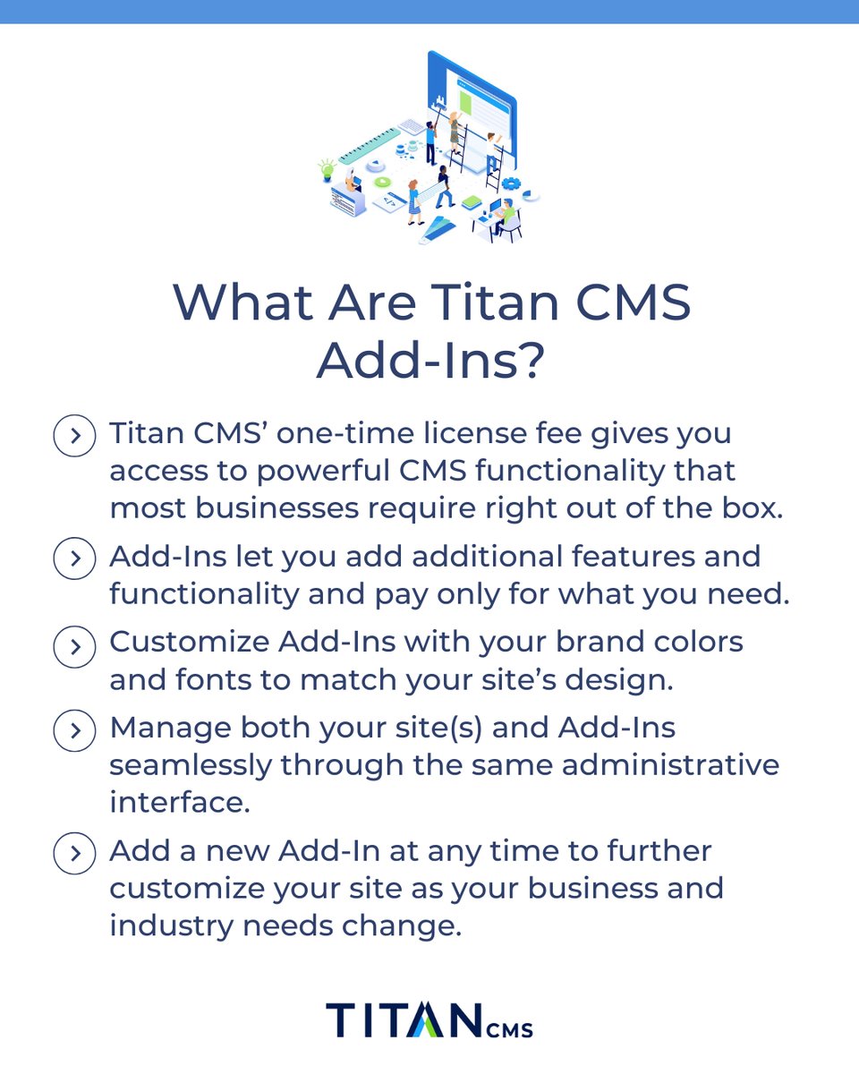 TitanCMS's tweet photo. Titan CMS Add-Ins give you the flexibility to add features and functionality to your #website as your business needs change – without paying for a lot of bells and whistles you'll never use. Learn more: https://t.co/VBK4WTa3vD. #websites #MeetTitanCMS https://t.co/kbagxnBlgK